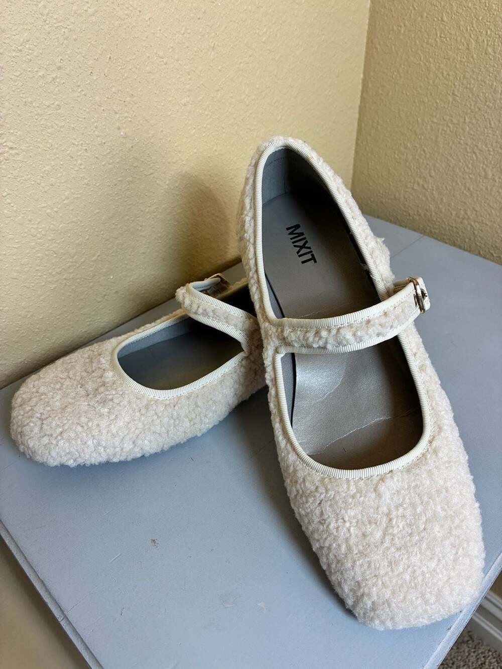 Mixit Cream Fleece Sherpa Mary Jane Flat Shoes, Size 8